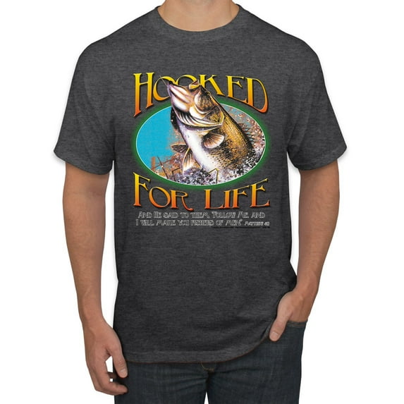 Wild Bobby, Hooked For Life Matthew 4:19 Quotes, Inspirational/Christian, Men's Graphic Tees, Heather Black, Large