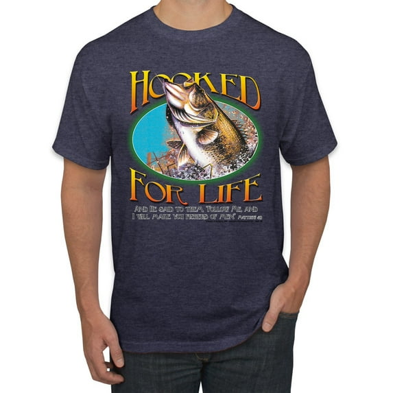Wild Bobby, Hooked For Life Matthew 4:19 Quotes, Inspirational/Christian, Men's Graphic Tees, Vintage Heather Navy, Medium
