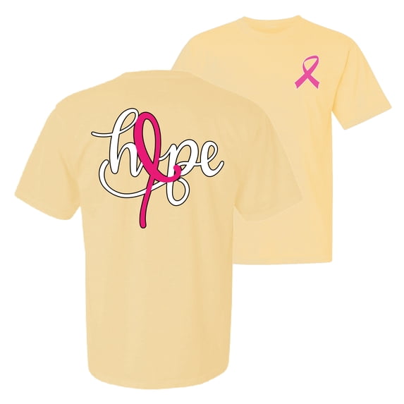 Wild Bobby, Hope Breast Cancer Ribbon, Breast Cancer Awareness, Front and Back Garment-Dyed Washed Look Short Sleeve Tees, Banana, Large