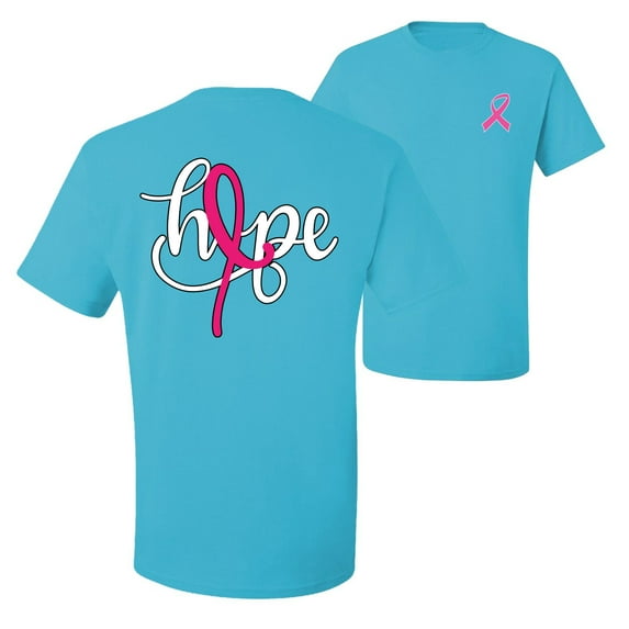 Wild Bobby, Hope Breast Cancer Ribbon, Breast Cancer Awareness, Front and Back Men's Graphic Tees, Light Turquoise, Large