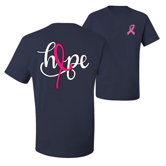 Wild Bobby, Hope Breast Cancer Ribbon, Breast Cancer Awareness, Front and Back Men's Graphic Tees, Navy, Small
