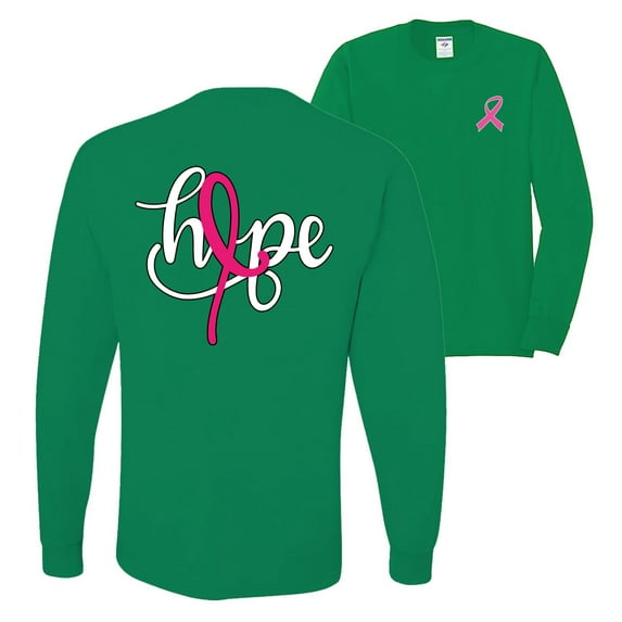 Wild Bobby, Hope Breast Cancer Ribbon, Breast Cancer Awareness, Front and Back Mens Long Sleeve Shirt, Kelly, Small