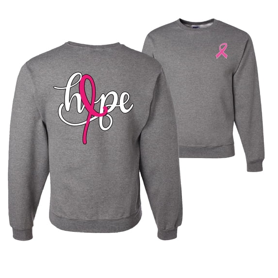 Wild Bobby, Hope Breast Cancer Ribbon, Breast Cancer Awareness, Front and Back Unisex Crewneck Graphic Sweatshirt, Heather Grey, X-Large