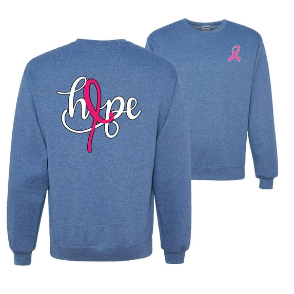 Wild Bobby, Hope Breast Cancer Ribbon, Breast Cancer Awareness, Front and Back Unisex Crewneck Graphic Sweatshirt, Vintage Heather Blue, 3X-Large