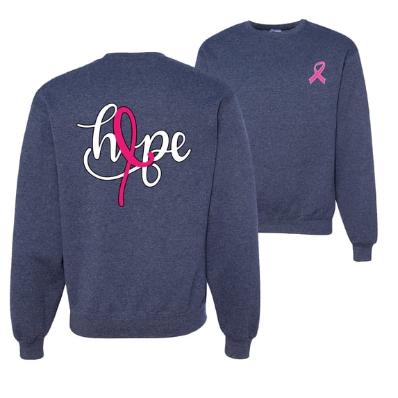 Wild Bobby, Hope Breast Cancer Ribbon, Breast Cancer Awareness, Front and Back Unisex Crewneck Graphic Sweatshirt, Vintage Heather Navy, 4X-Large