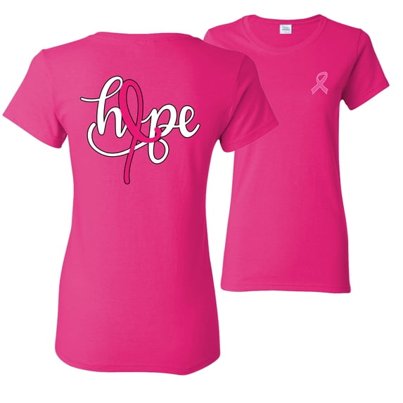 Wild Bobby, Hope Breast Cancer Ribbon, Breast Cancer Awareness, Front and Back Women Graphic Tees, Fuschia, Medium