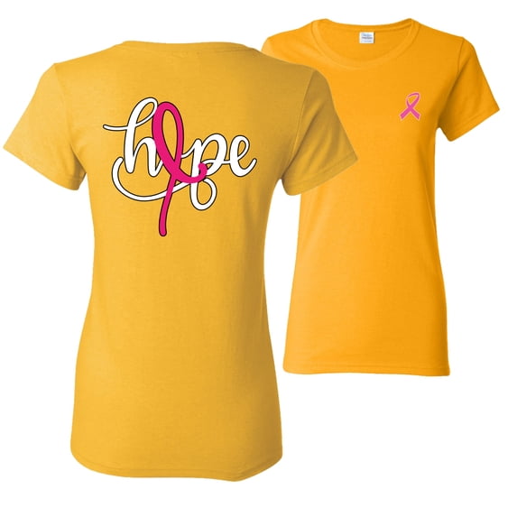 Wild Bobby, Hope Breast Cancer Ribbon, Breast Cancer Awareness, Front and Back Women Graphic Tees, Gold, Small