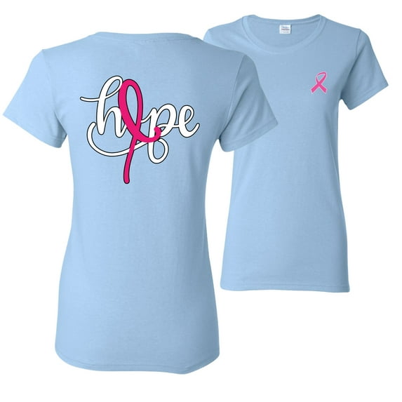 Wild Bobby, Hope Breast Cancer Ribbon, Breast Cancer Awareness, Front and Back Women Graphic Tees, Light Blue, Large