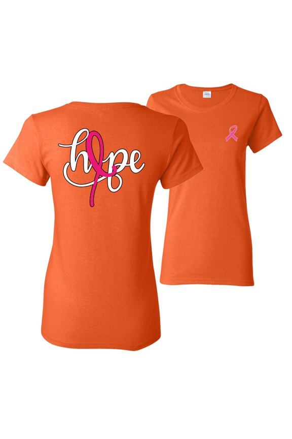 , Hope Breast Cancer Ribbon, Breast Cancer Awareness, Front and Back Women Graphic Tees, Orange, Small