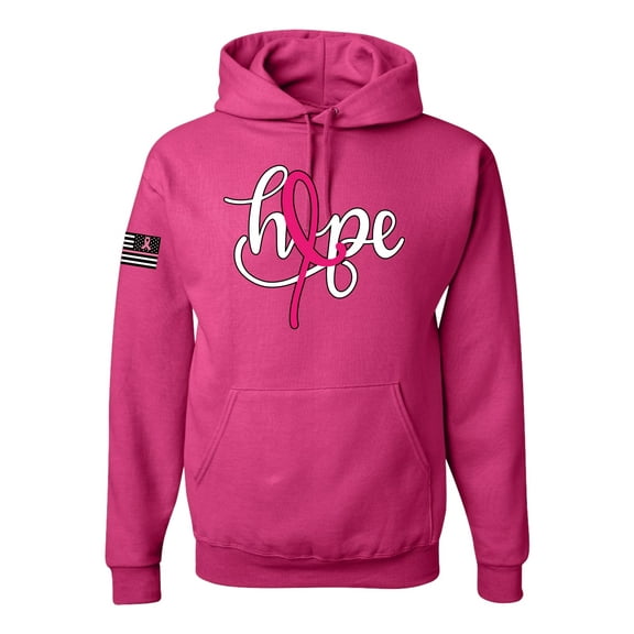 Wild Bobby, Hope Breast Cancer Ribbon USA Flag Sleeve Breast Cancer Awareness Unisex Hoodie Sweatshirt, Fuschia, Large