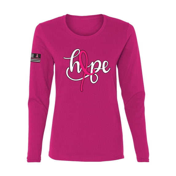 Wild Bobby, Hope Breast Cancer Ribbon USA Flag Sleeve Breast Cancer Awareness Women Long Sleeve Tee, Fuschia, X-Large