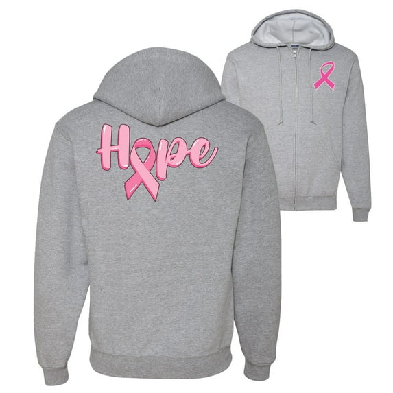 Wild Bobby, Hope Pink Ribbon Support Brave Fight, Breast Cancer Awareness, Front and Back Graphic Zip Up Hoodie Sweatshirt, Heather Grey, X-Large