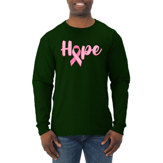 Wild Bobby, Hope Pink Ribbon Support Brave Fight, Breast Cancer Awareness, Men Long Sleeve Shirt, Forest Green, X-Large