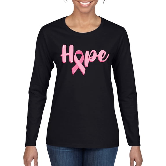Wild Bobby Hope Pink Ribbon Support Brave Fight Breast Cancer Awareness Women Graphic Long Sleeve T-Shirt, Black, Large
