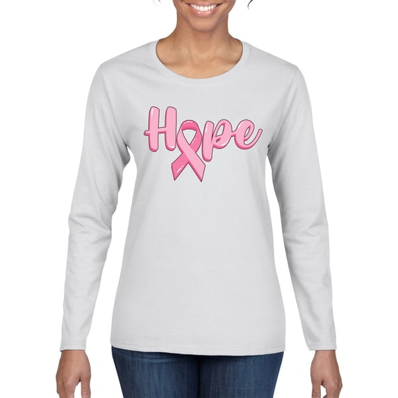 Wild Bobby Hope Pink Ribbon Support Brave Fight Breast Cancer Awareness Women Graphic Long Sleeve T-Shirt, White, Large