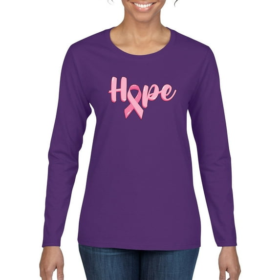 Wild Bobby, Hope Pink Ribbon Support Brave Fight, Breast Cancer Awareness, Women Graphic Long Sleeve Tee, Purple, X-Large