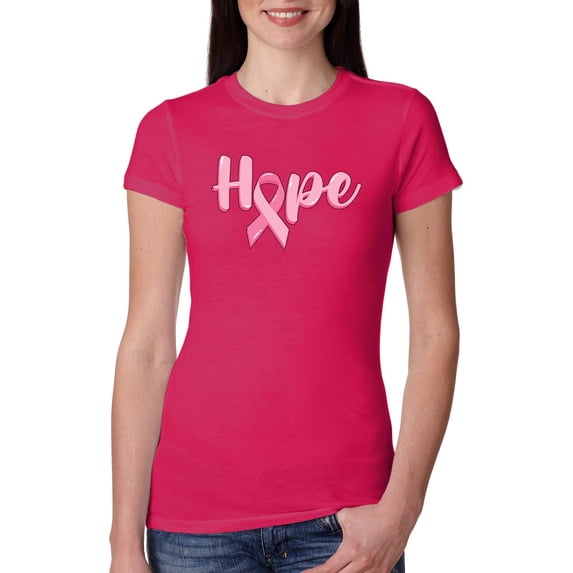 Wild Bobby, Hope Pink Ribbon Support Brave Fight, Breast Cancer Awareness, Women Slim Fit Junior Tee, Raspberry, Small
