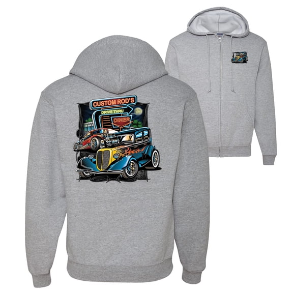 Wild Bobby,Hot Custom Rods Drive Thru Diner Cars and Trucks Front and Back Graphic Zip Up Hoodie Sweatshirt, Heather Grey, 2XL
