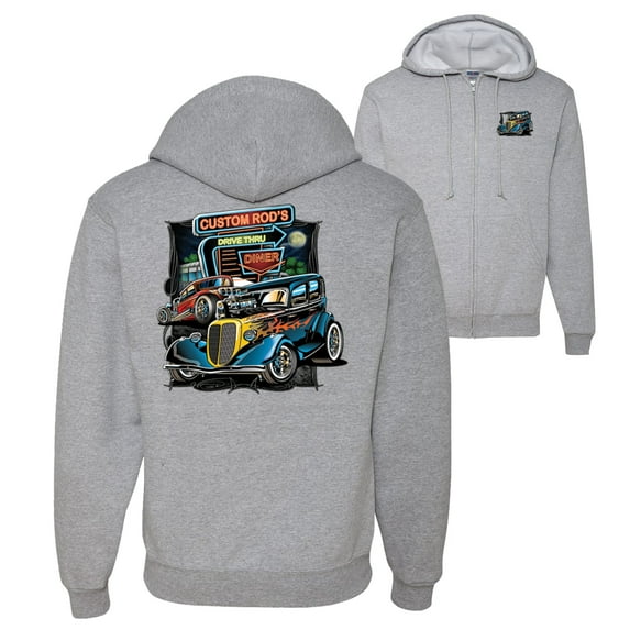 Wild Bobby,Hot Custom Rods Drive Thru Diner Cars and Trucks Front and Back Graphic Zip Up Hoodie Sweatshirt, Heather Grey, Medium
