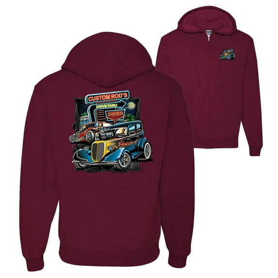 Wild Bobby,Hot Custom Rods Drive Thru Diner Cars and Trucks Front and Back Graphic Zip Up Hoodie Sweatshirt, Maroon, X-Large