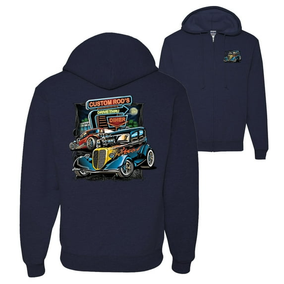 Wild Bobby,Hot Custom Rods Drive Thru Diner Cars and Trucks Front and Back Graphic Zip Up Hoodie Sweatshirt, Navy, Small