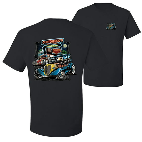 Wild Bobby,Hot Custom Rods Drive Thru Diner Cars and Trucks Front and Back Men's Graphic T-Shirt, Black, Small