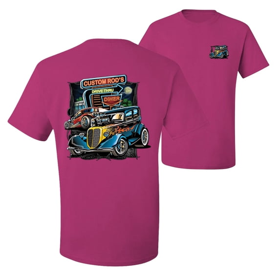 Wild Bobby,Hot Custom Rods Drive Thru Diner Cars and Trucks Front and Back Men's Graphic T-Shirt, Fuschia, X-Large