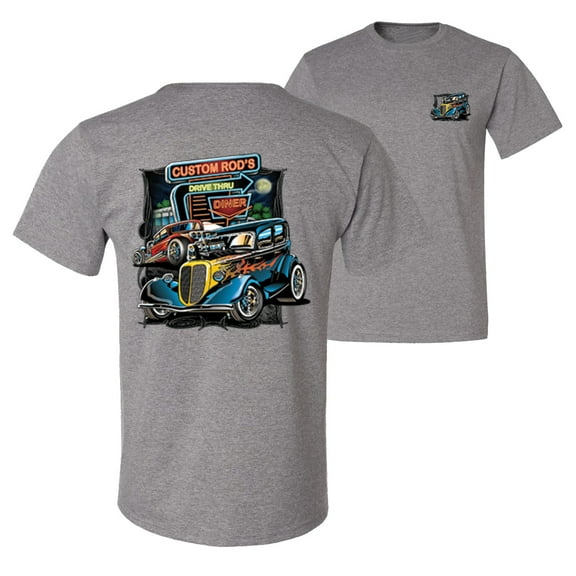 Wild Bobby,Hot Custom Rods Drive Thru Diner Cars and Trucks Front and Back Men's Graphic T-Shirt, Heather Grey, Medium