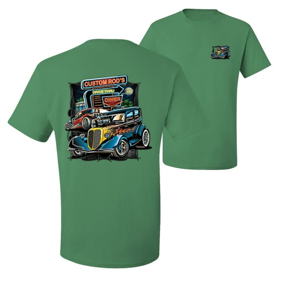 Wild Bobby,Hot Custom Rods Drive Thru Diner Cars and Trucks Front and Back Men's Graphic T-Shirt, Kelly, X-Large