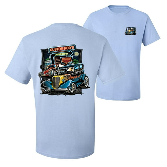 Wild Bobby,Hot Custom Rods Drive Thru Diner Cars and Trucks Front and Back Men's Graphic T-Shirt, Light Blue, Medium
