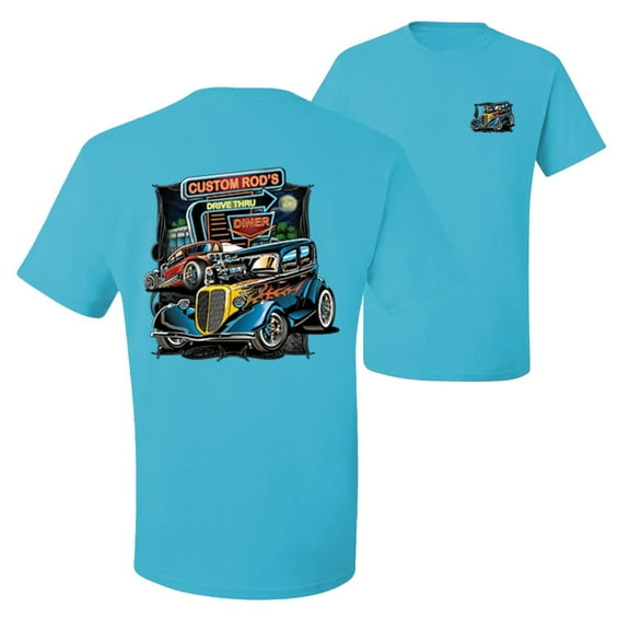 Wild Bobby,Hot Custom Rods Drive Thru Diner Cars and Trucks Front and Back Men's Graphic T-Shirt, Light Turquoise, 4XL