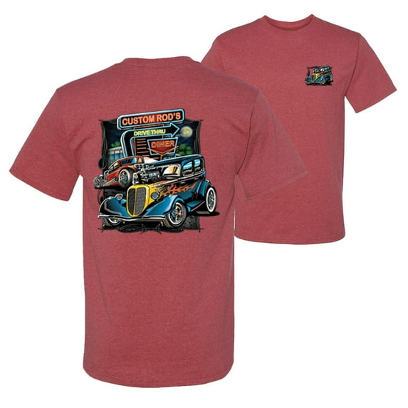 Wild Bobby,Hot Custom Rods Drive Thru Diner Cars and Trucks Front and Back Men's Graphic T-Shirt, Vintage Heather Red, Medium