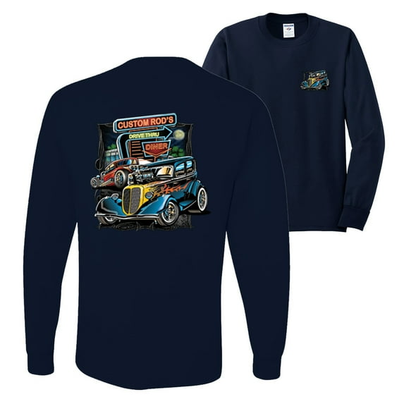 Wild Bobby,Hot Custom Rods Drive Thru Diner Cars and Trucks Front and Back Mens Long Sleeve Shirt, Navy, Small