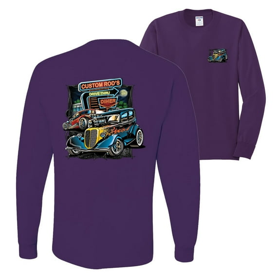 Wild Bobby,Hot Custom Rods Drive Thru Diner Cars and Trucks Front and Back Mens Long Sleeve Shirt, Purple, Large
