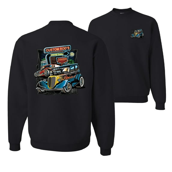 Wild Bobby, Hot Custom Rods Drive Thru Diner, Cars and Trucks, Front and Back Unisex Crewneck Graphic Sweatshirt, Black, Small
