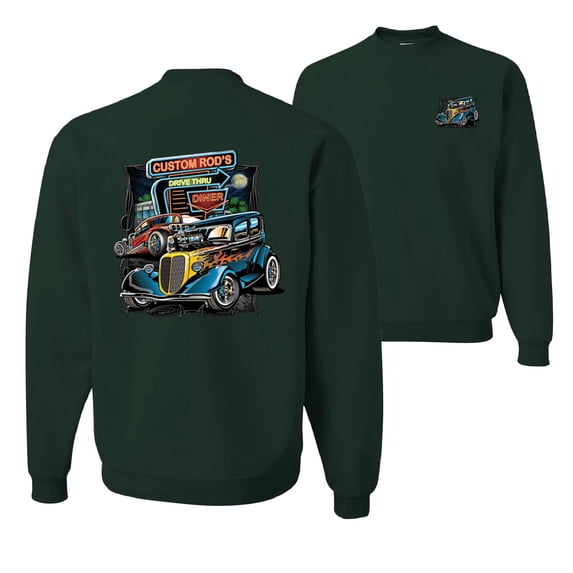 Wild Bobby, Hot Custom Rods Drive Thru Diner, Cars and Trucks, Front and Back Unisex Crewneck Graphic Sweatshirt, Forest Green, 3X-Large