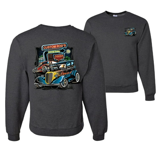 Wild Bobby, Hot Custom Rods Drive Thru Diner, Cars and Trucks, Front and Back Unisex Crewneck Graphic Sweatshirt, Heather Black, 3X-Large