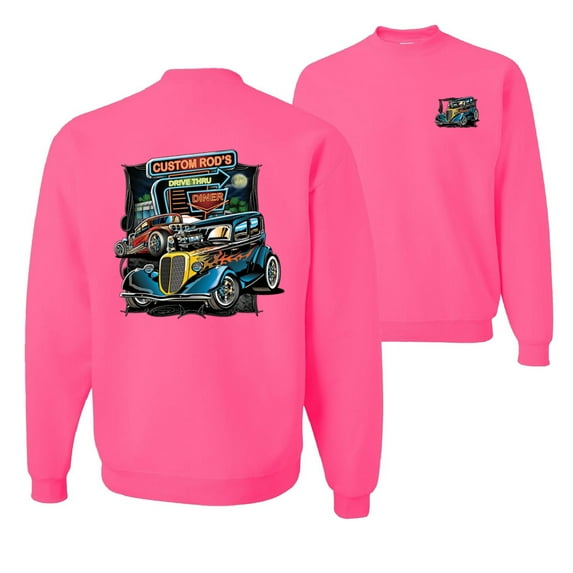 Wild Bobby, Hot Custom Rods Drive Thru Diner, Cars and Trucks, Front and Back Unisex Crewneck Graphic Sweatshirt, Neon Pink, XX-Large