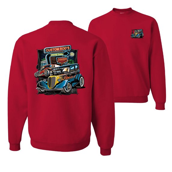 Wild Bobby, Hot Custom Rods Drive Thru Diner, Cars and Trucks, Front and Back Unisex Crewneck Graphic Sweatshirt, Red, 5X-Large
