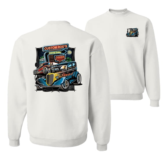 Wild Bobby, Hot Custom Rods Drive Thru Diner, Cars and Trucks, Front and Back Unisex Crewneck Graphic Sweatshirt, White, X-Large