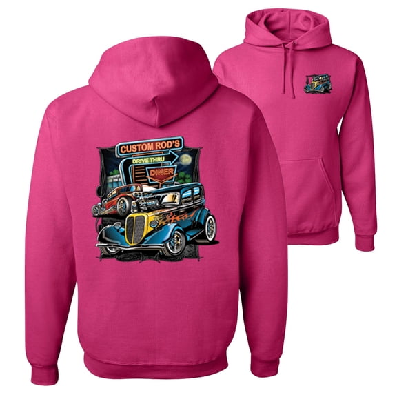 Wild Bobby,Hot Custom Rods Drive Thru Diner Cars and Trucks Front and Back Unisex Graphic Hoodie Sweatshirt, Fuschia, X-Large