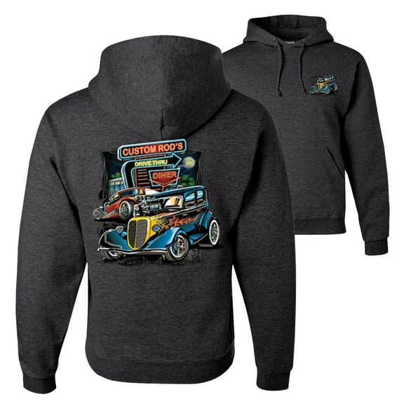 Wild Bobby,Hot Custom Rods Drive Thru Diner Cars and Trucks Front and Back Unisex Graphic Hoodie Sweatshirt, Heather Black, 2XL