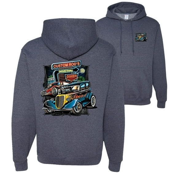 Wild Bobby,Hot Custom Rods Drive Thru Diner Cars and Trucks Front and Back Unisex Graphic Hoodie Sweatshirt, Vintage Heather Navy, Large