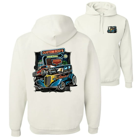 Wild Bobby,Hot Custom Rods Drive Thru Diner Cars and Trucks Front and Back Unisex Graphic Hoodie Sweatshirt, White, X-Large