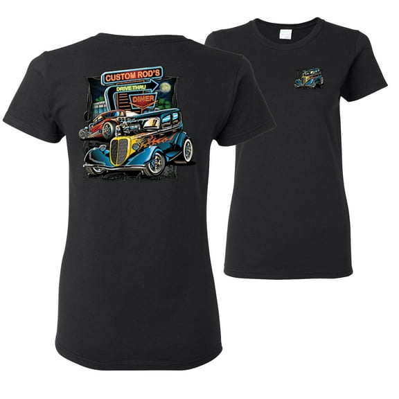 Wild Bobby,Hot Custom Rods Drive Thru Diner Cars and Trucks Front and Back Womens Graphic T-Shirt, Black, Small