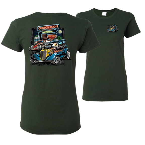 Wild Bobby,Hot Custom Rods Drive Thru Diner Cars and Trucks Front and Back Womens Graphic T-Shirt, Forest Green, Medium