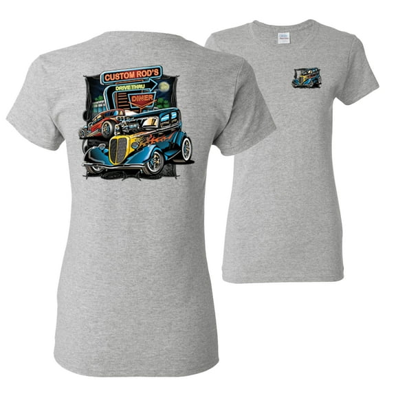 Wild Bobby,Hot Custom Rods Drive Thru Diner Cars and Trucks Front and Back Womens Graphic T-Shirt, Heather Grey, Small