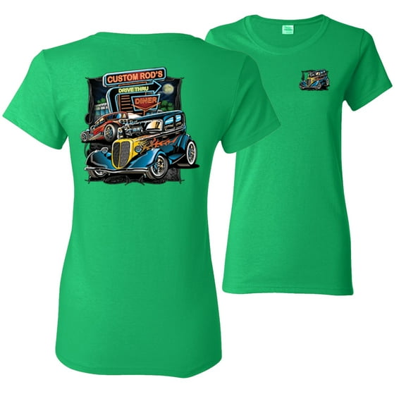 Wild Bobby,Hot Custom Rods Drive Thru Diner Cars and Trucks Front and Back Womens Graphic T-Shirt, Kelly, 2XL