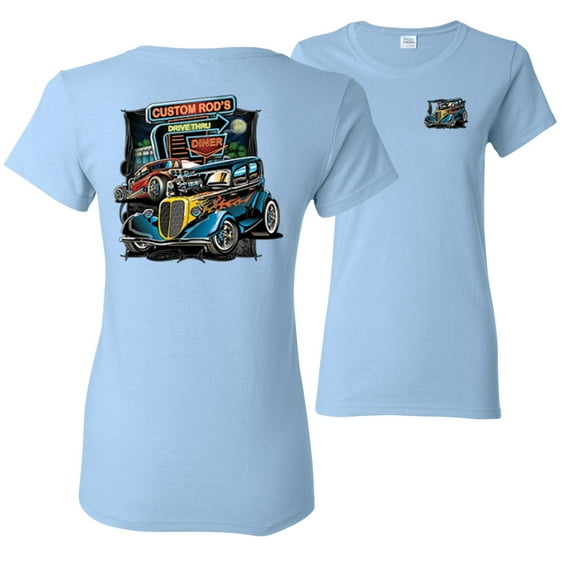 Wild Bobby,Hot Custom Rods Drive Thru Diner Cars and Trucks Front and Back Womens Graphic T-Shirt, Light Blue, 3XL