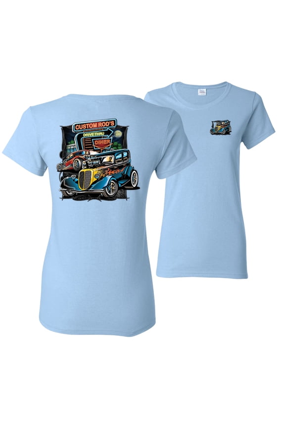 ,Hot Custom Rods Drive Thru Diner Cars and Trucks Front and Back Womens Graphic T-Shirt, Light Blue, Small